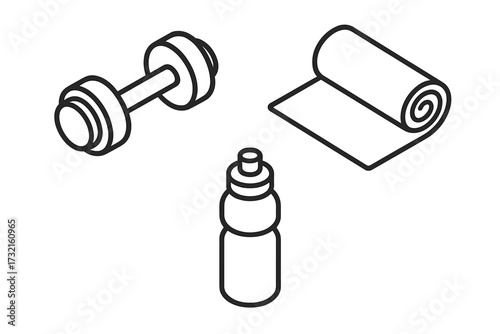 Workout essentials set with a dumbbell, rolled yoga mat, and a water bottle, perfect for gym and home exercise routines
