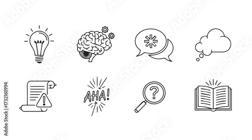 Hand drawn icons representing ideas creativity brainstorming research and learning process vector