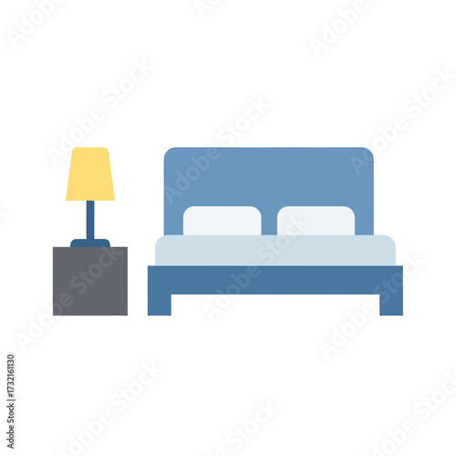 A simple illustration of a blue bed with pillows next to a nightstand with a lamp.