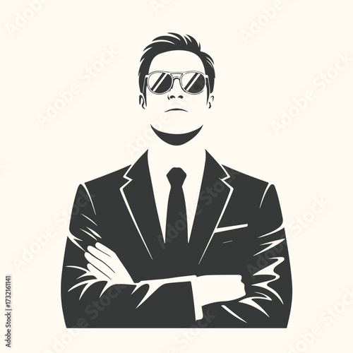 Vector art of a stylized illustration of a man in a suit and sunglasses, arms crossed, exuding confidence and mystery, isolated on a light background