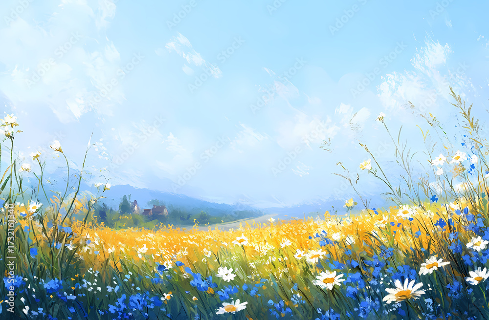 Fototapeta premium Colorful Spring Meadow Landscape Painting