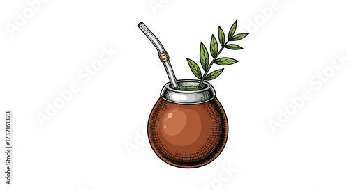 A traditional yerba mate gourd with a metal straw and a green leafy sprig on a white background.