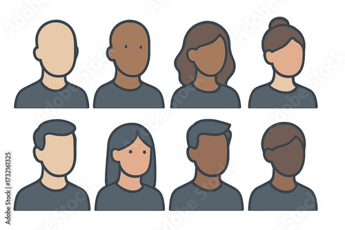 Set of diverse user profile avatars featuring various skin tones, genders, and hairstyles for digital interfaces and online platforms