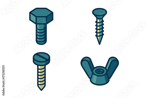 Collection of various metal fasteners including bolts, screws, and a wing nut for construction and repair