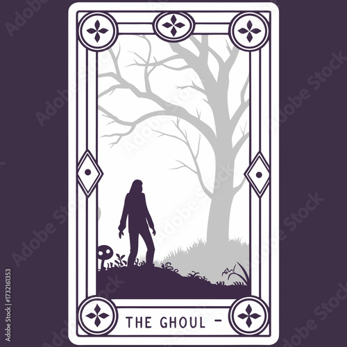 A tarot card with a ghoul standing in a forest, with a tree in the background, the card has a decorative border and the words the ghoul at the bottom