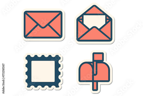 Modern flat design mail and communication icons including envelopes, a postage stamp, and a traditional mailbox