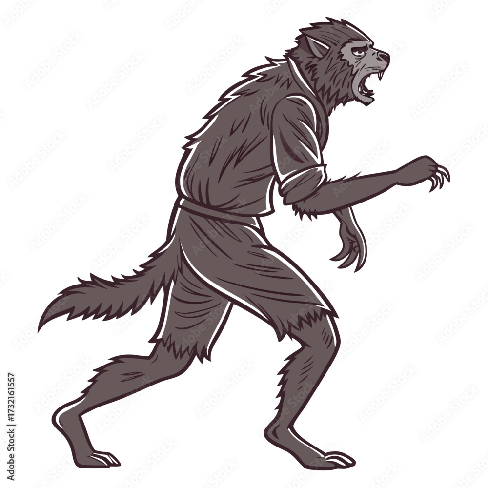 Obraz premium Illustration of a werewolf walking, with a gray fur, sharp claws and teeth, and a menacing expression, perfect for halloween designs and spooky themes