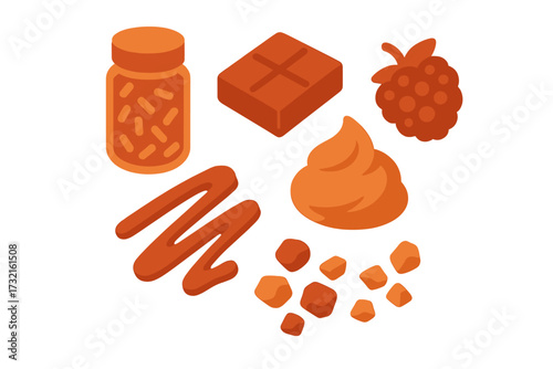 Delicious sweet dessert toppings, confectionery elements, and fresh fruit for culinary designs and food projects