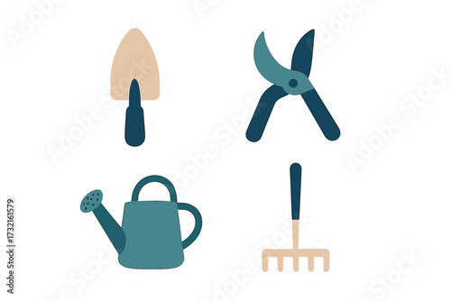 Set of essential gardening tools including trowel, pruning shears, watering can, and rake for various planting and landscaping tasks