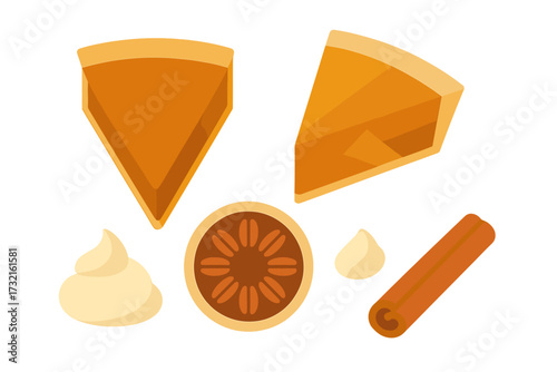 Delicious pumpkin pie slices with whipped cream, ground spice, and a cinnamon stick, ideal for autumn and holiday dessert themes