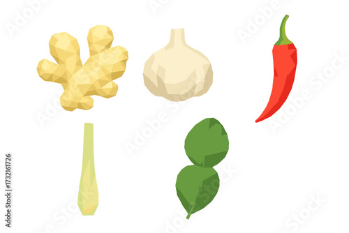 Geometric low poly style Asian cooking ingredients set including ginger garlic chili lemongrass kaffir lime leaves