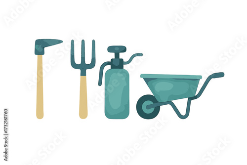 Essential gardening tools for outdoor tasks, including a hoe, garden fork, sprayer, and wheelbarrow, for plant cultivation