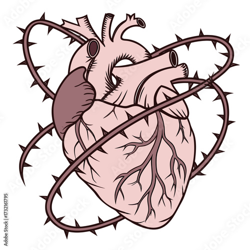 Anatomical heart entwined with a thorny vine, symbolizing pain, love, or resilience, a poignant representation of emotions and the human condition