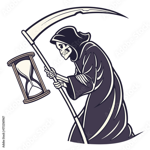 The grim reaper kneels with a scythe and hourglass, a poignant representation of mortality and the fleeting nature of time