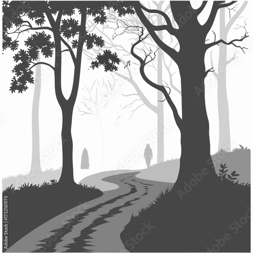 A winding path through a misty forest, with silhouetted figures creating a sense of mystery and solitude the monochrome palette enhances the atmosphere