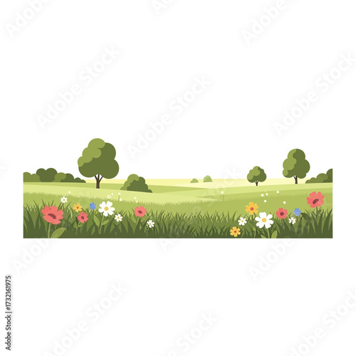 A vibrant, sun-drenched meadow filled with colorful wildflowers and lush green grass, under a clear sky with scattered trees.