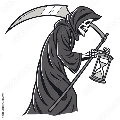 Grim reaper with hourglass and scythe, a symbol of mortality and the passage of time, in a cartoon style, perfect for halloween