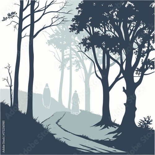Two cloaked figures walk along a winding path through a misty forest, trees silhouetted against the sky, creating a mysterious and enchanting atmosphere