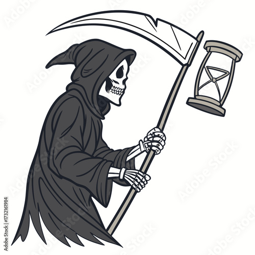 The grim reaper stands with a scythe and hourglass, symbolizing mortality and the passage of time, in a stark and symbolic illustration