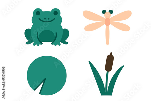 Cute pond animals and plants set with frog, dragonfly, lily pad, and cattail in a simple graphic style