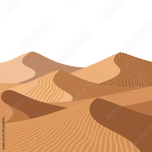 A minimalist illustration of a desert landscape featuring several sand dunes with distinct ripple patterns under a bright, clear sky, conveying a sense of vastness and tranquility.