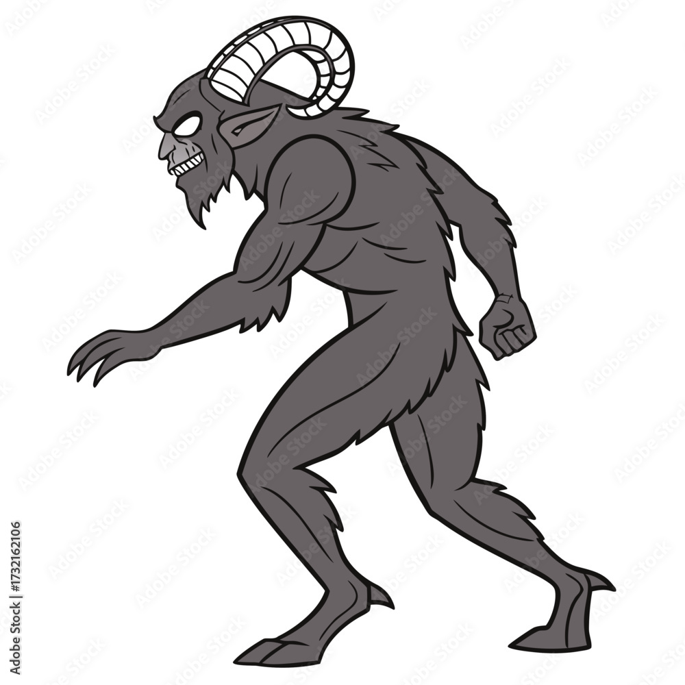 Fototapeta premium A menacing krampus figure, a horned, anthropomorphic creature from alpine folklore, is depicted in a stylized vector illustration