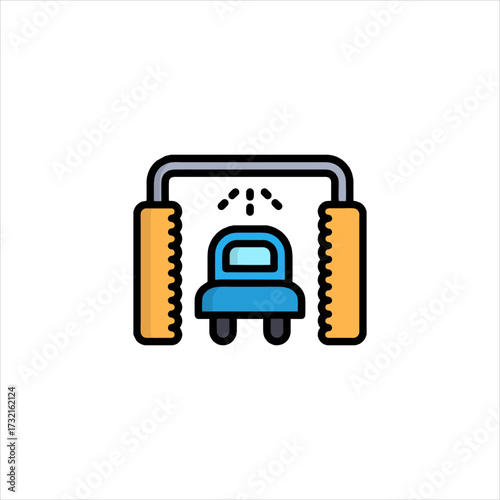 Blue car washes in automatic carwash tunnel with soap and water for clean transportation, representing convenience and efficiency.