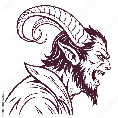 A detailed line art illustration captures the menacing profile of krampus, showcasing his large horns, sharp teeth, and sinister expression
