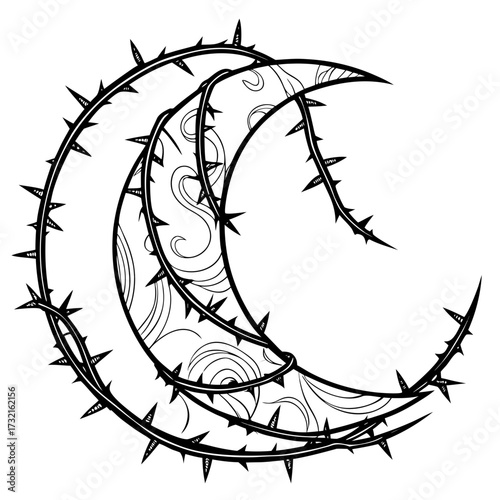 Intricate crescent moon design with thorns, creating a mystical and edgy aesthetic, perfect for tattoos or gothicinspired art