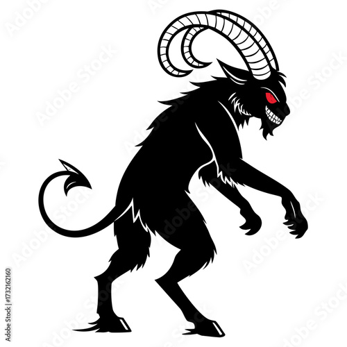 A sinister krampus silhouette, with glowing red eyes and sharp teeth, embodies the dark side of alpine christmas tradition