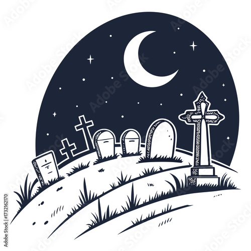 Eerie graveyard scene at night, featuring tombstones under a crescent moon and starry sky, evoking a spooky halloween atmosphere