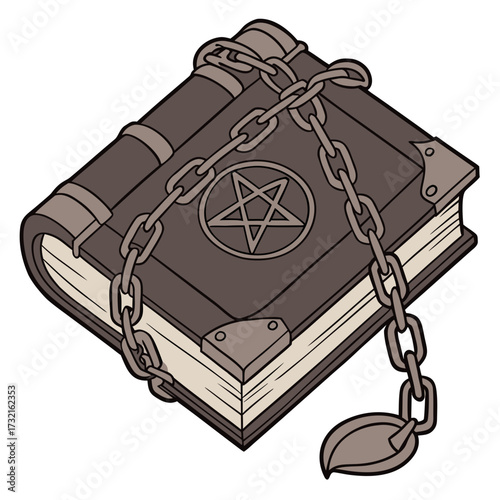 Illustration of a chained grimoire, a magical book bound by iron chains, suggesting forbidden knowledge, mystery, and the occult, fantasy theme