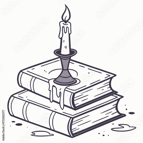 Illustration of books and candle, a stack of old books with a burning candle, suggesting knowledge, mystery, and the occult, fantasy theme