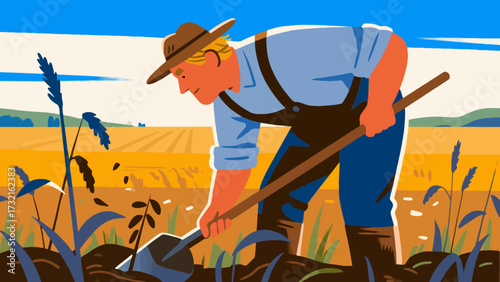 Farmers are doing farm work in the fields, with cartoon hand-drawn vector illustrations
