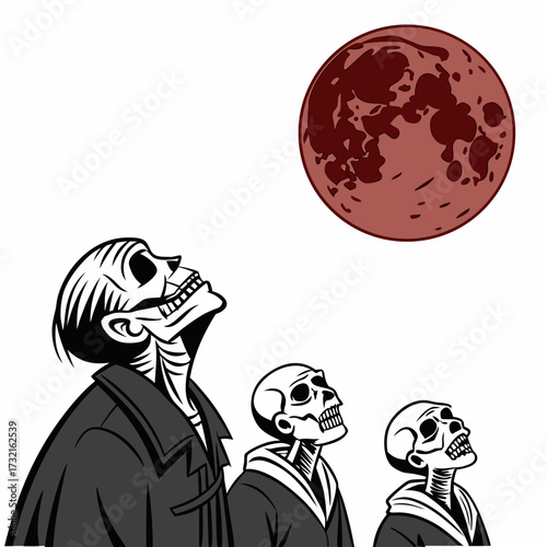 Three skeletons gaze at a blood moon in the night sky, creating a spooky and surreal scene perfect for halloween or gothic themes