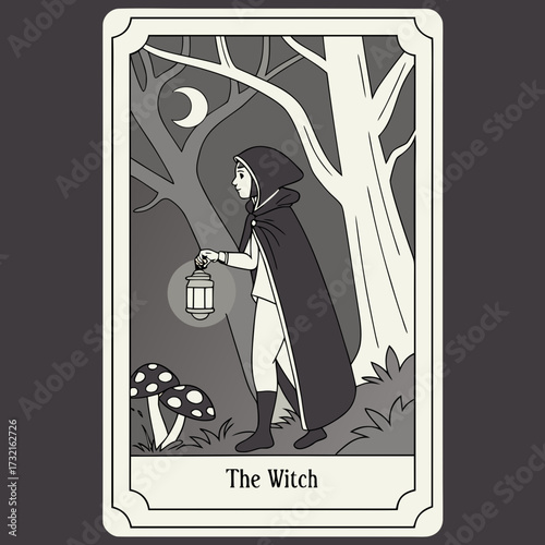 A witch in a black cloak with a lantern standing in the forest under the moon, tarot card illustration, black and white drawing, magic, witchcraft, divination, occultism