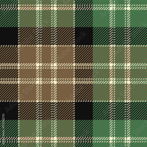 Green and brown tartan plaid. Scottish pattern fabric swatch close-up. 