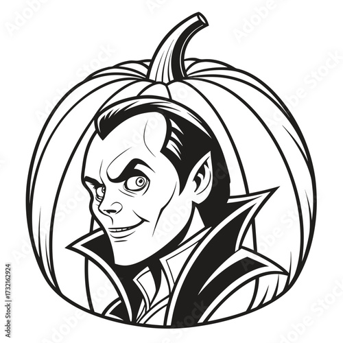 A black and white cartoon illustration of a vampire with a pumpkin background, perfect for halloweenthemed designs, invitations, and decorations
