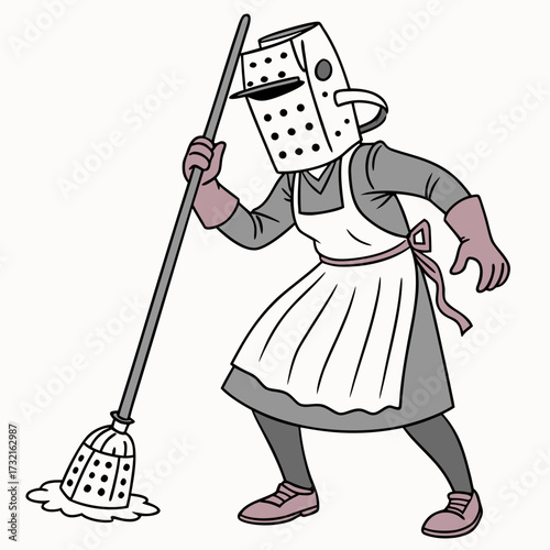 A cartoon illustration of a knight mopping the floor, perfect for humorous designs, cleaning service promotions, and medievalthemed parodies
