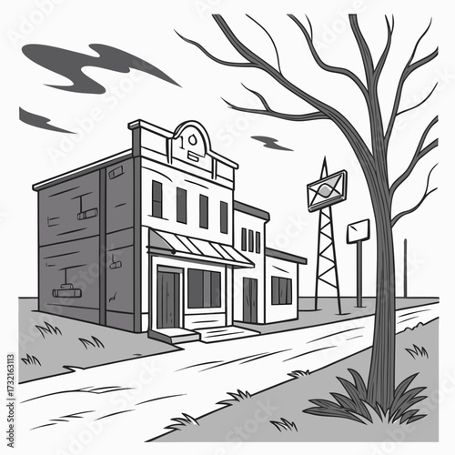 Illustration of a small town main street with a twostory building and a bare tree, a quiet, rural scene with a vintage feel
