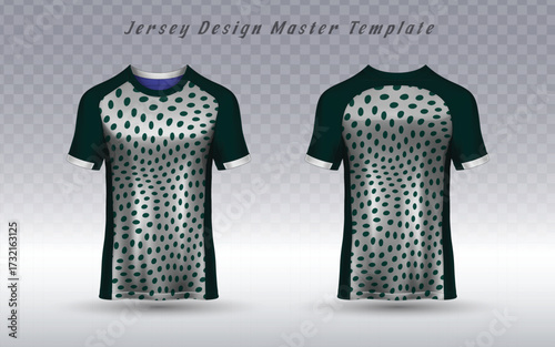 T-shirt mockup with a metallic silver and green polka dot pattern. Perfect for designing custom sports apparel, team uniforms, or trendy activewear with a bold and modern athletic style.