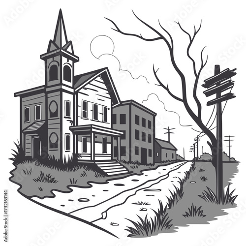 Illustration of a desolate street with old buildings and a bare tree, a quiet, abandoned town with a spooky, haunted atmosphere