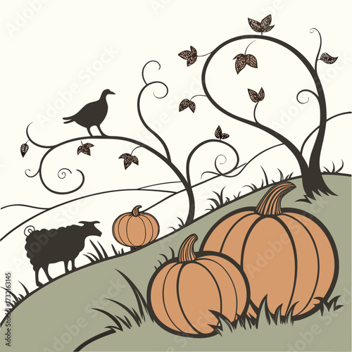 Charming autumnal scene featuring pumpkins, a sheep, and a bird perched on a vinecovered tree, creating a whimsical and cozy rural landscape illustration