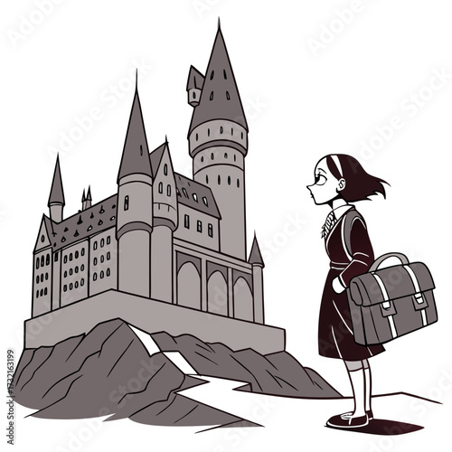 A young girl with a suitcase stands before a large castle on a hill, she is wearing a school uniform and has a curious look on her face
