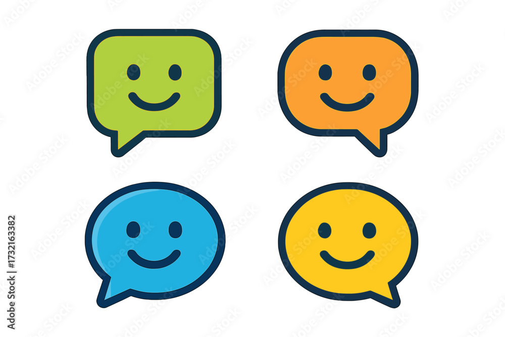 Fototapeta premium Set of colorful speech bubble icons with happy smile emoticons. Flat cartoon vector design for communication, dialogue, social network message, or customer satisfaction review.