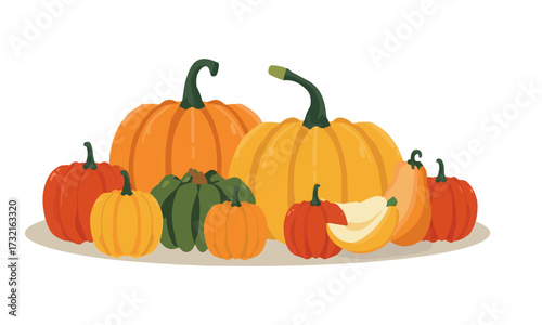 Vector design of Autumn-themed still life illustration of seasonal food items, such as apples, pumpkins, and squash, arranged in a simple composition