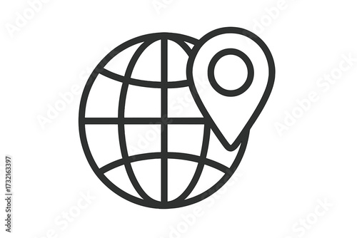 Globe with location pin icon. World map pointer symbol. Global position, navigation, and destination concept. International business and travel sign. Vector line art illustration.