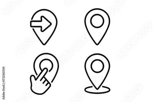 Location pin icon set. Map pointer symbols. GPS navigation signs. Geolocation marker collection. Destination point, direction arrow, and hand touch select. Vector line art.