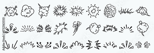 Line speed cartoon effect, comic smoke motion line element set. Comic boom motion, explosive energy, line speed cartoon vector icon. Hand drawn sketch doodle action effect. Vector illustratio