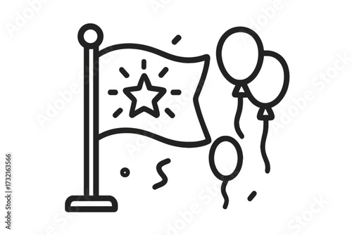 Success achievement vector icon. Celebration symbol with flag, star, and balloons. Victory winner concept for business goals. Party event line art illustration. Milestone reached.